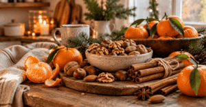 Zimtstangen, Mandarinen und frische Nüsse