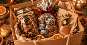 Geschenkbox mit Lebensmitteln und zuckerfreien Rezepten