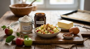 Apfel Cookies ohne Zucker — Zutaten: Dinkelmehl, Dattelsüße, Butter, Ei, Zimt und Apfelwürfel