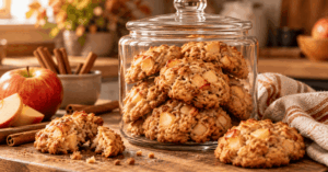 Apfel Cookies ohne Zucker — gestapelt in einem Glas mit Deckel auf der Küchenarbeitsfläche