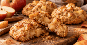 Apfel Cookies ohne Zucker — angebrochener Cookie mit weicher Krume und saftigen Apfelstückchen